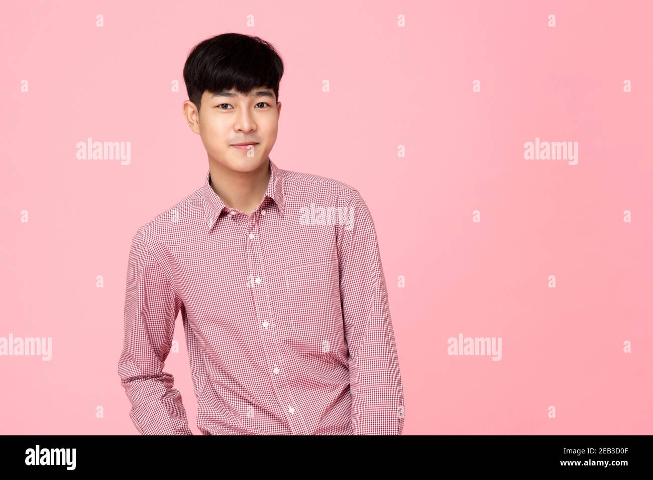 Ritratto di giovane bell'uomo asiatico in camicia rosa, scatto in studio Foto Stock