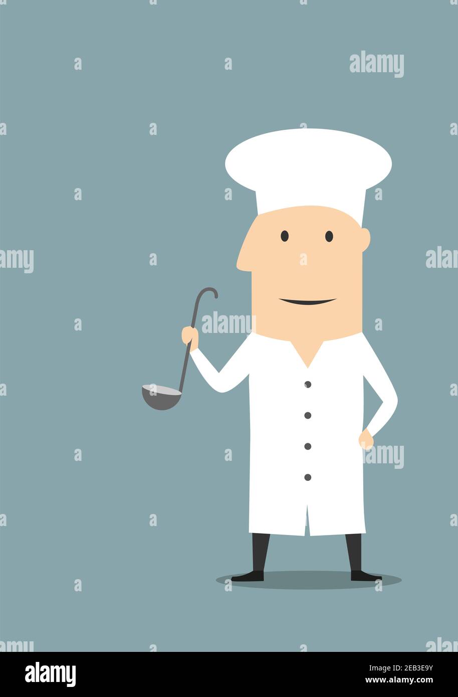 Cuoco di cucina del cartone animato in tunica uniforme bianca e in piedi toque con il mestolo grande in mano. Per l'uso di un ristorante o di un servizio di ristorazione Illustrazione Vettoriale