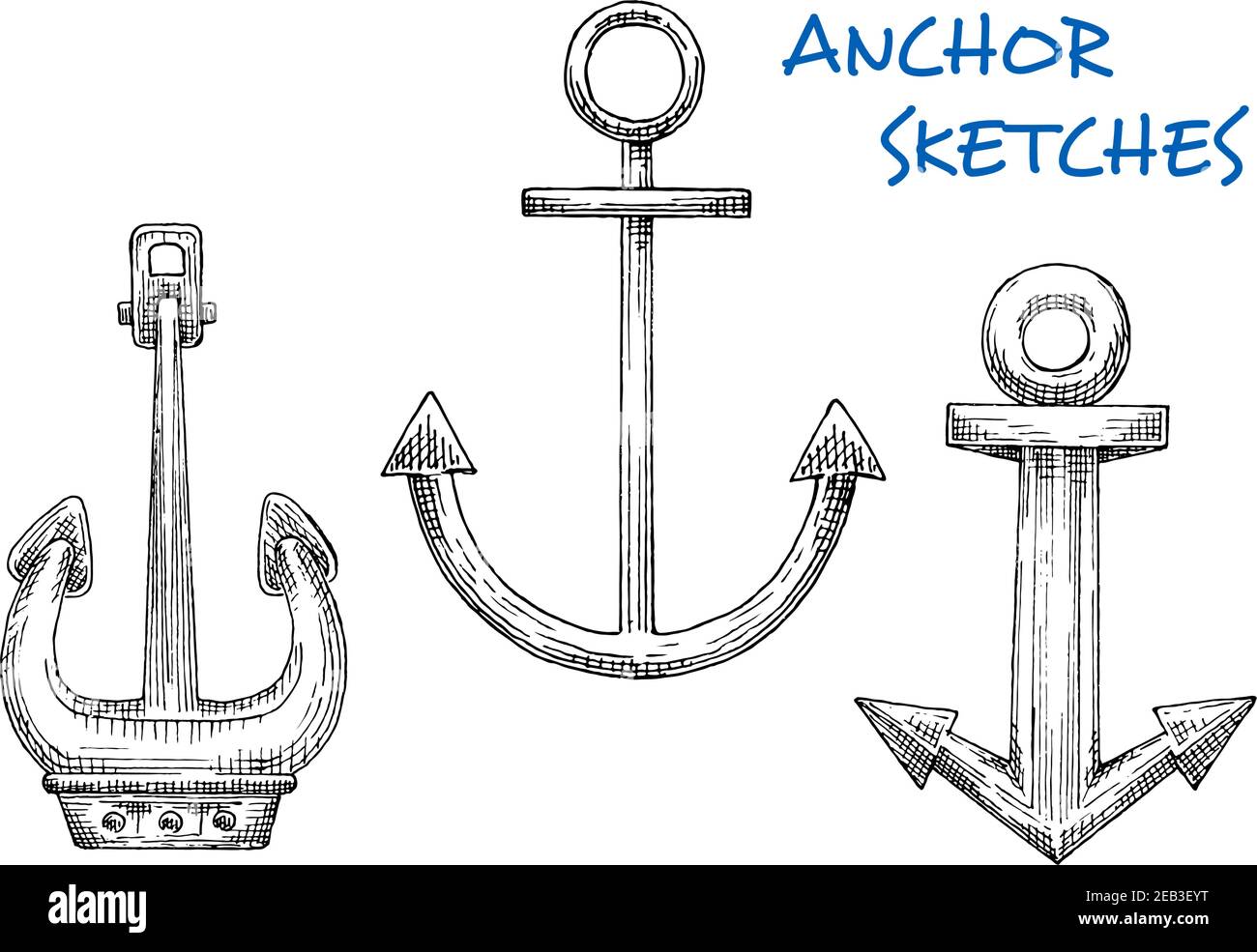 Ancoraggi marini vintage isolati in stile schizzo. Per l'avventura, il tema del viaggio del mare o l'uso del disegno del tatuaggio. Illustrazione Vettoriale