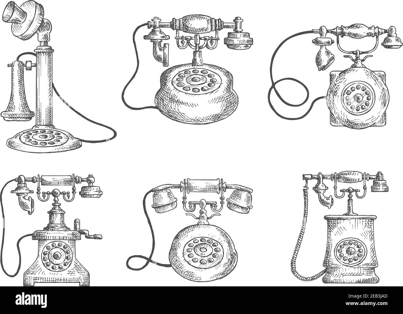 Telefoni vintage con quadrante rotante icone isolate, oggetti stile schizzo. Per telecomunicazioni o progettazione retrospettiva Illustrazione Vettoriale