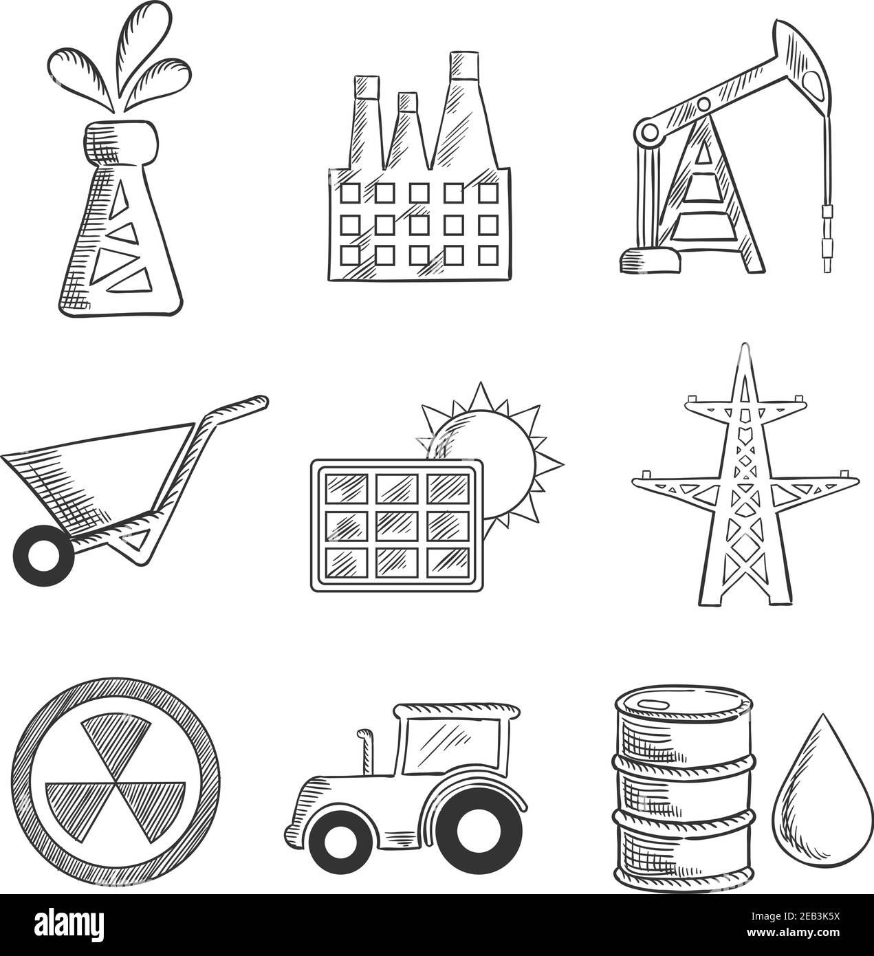 Industriale e minerario abbozzato icone con pozzo petrolifero, fabbrica, petrolio derrick, minerario, pannello solare, pilone elettrico, energia nucleare, trattore e petrolio barr Illustrazione Vettoriale