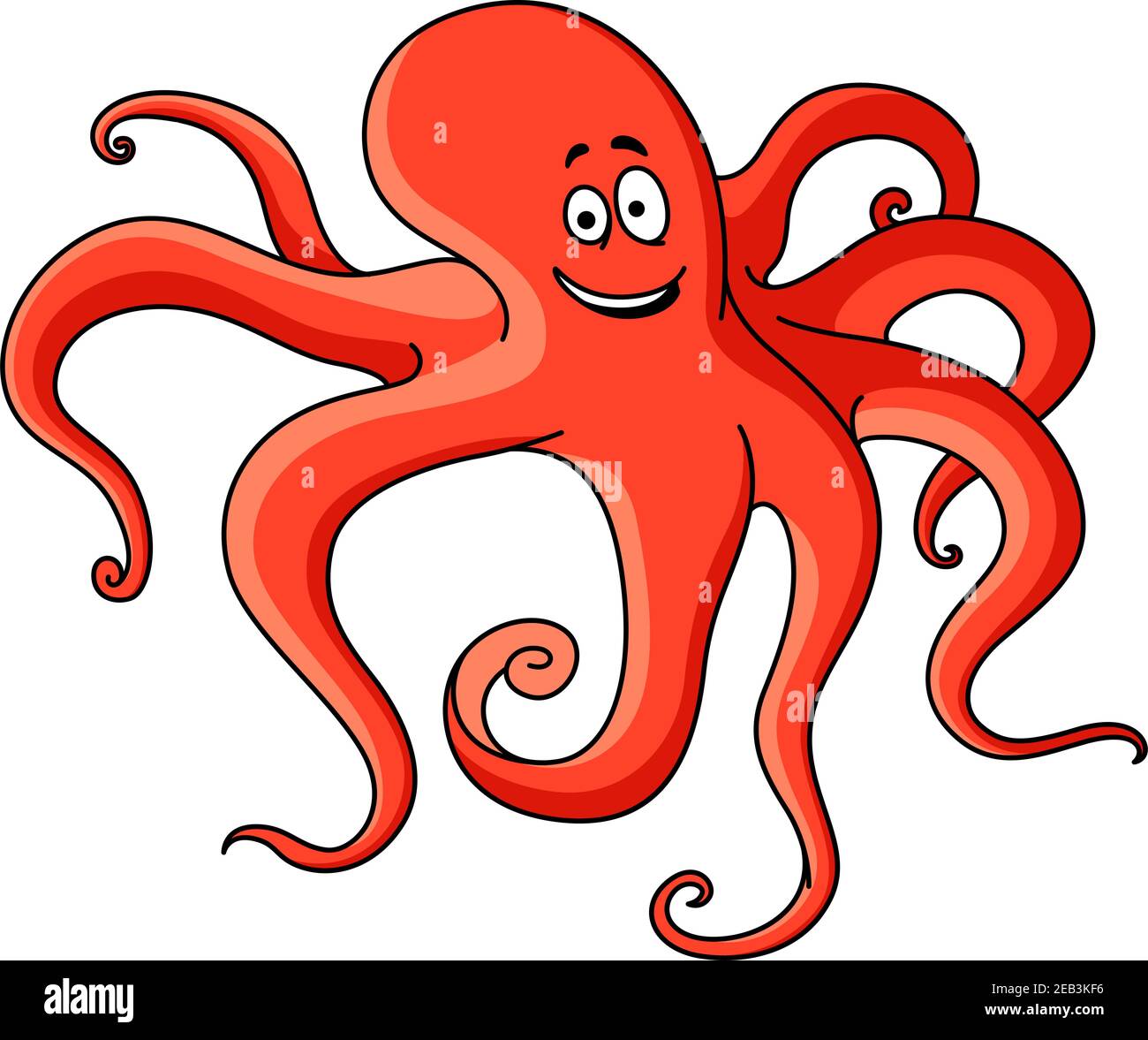 Polpo cartoon rosso con lunghi tentacoli a caccia sul fondo dell'oceano. Libro infantile, disegno di mascotte della fauna selvatica subacquea Illustrazione Vettoriale