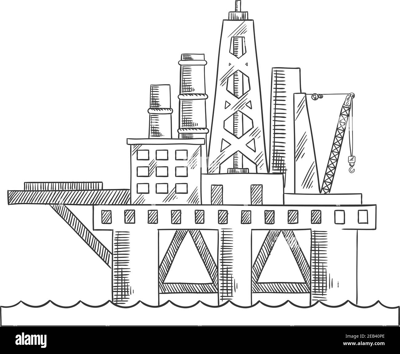 Si erge sopra la piattaforma petrolifera di mare. Olio offshore per la perforazione di piattaforme. Vettore di stile di schizzo Illustrazione Vettoriale