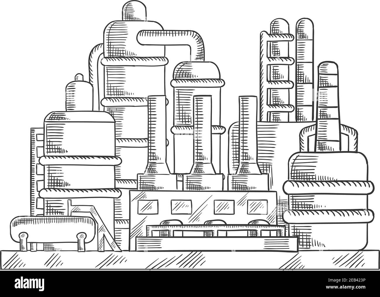 Fabbrica di raffineria di petrolio illustrazione abbozzata con l'impianto industriale moderno. Per l'elaborazione e la raffinazione chimica dell'utilizzo di progetti grezzi, stile di schizzo Illustrazione Vettoriale