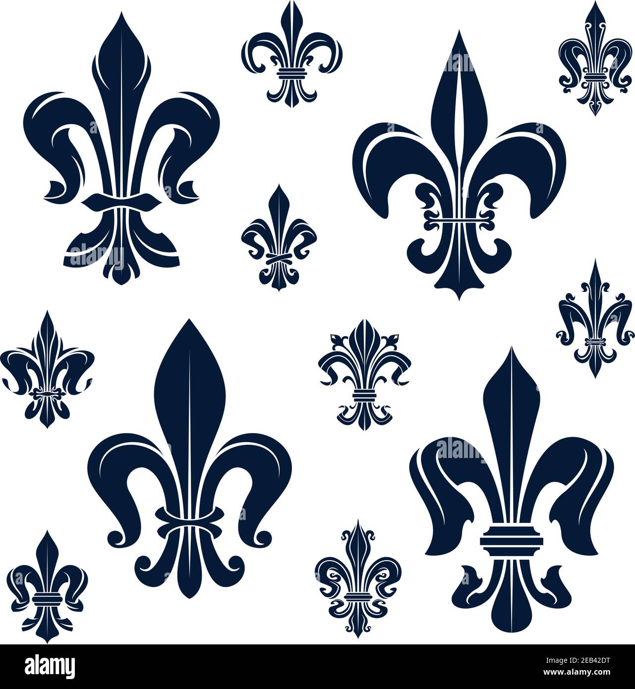 Simboli araldici francesi reali fleur-de-lis blu scuro con composizioni ornamentali di rotoli di foglie vittoriane e tendini ricci. Eraldica, storia, coa Illustrazione Vettoriale