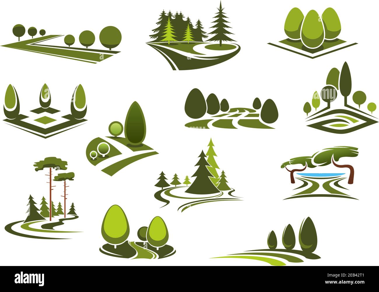 Paesaggi tranquilli natura icone con vicoli verdi a piedi, alberi decorativi e cespugli, bellissimo lago e prati in erba dei parchi pubblici della città, giardini Illustrazione Vettoriale
