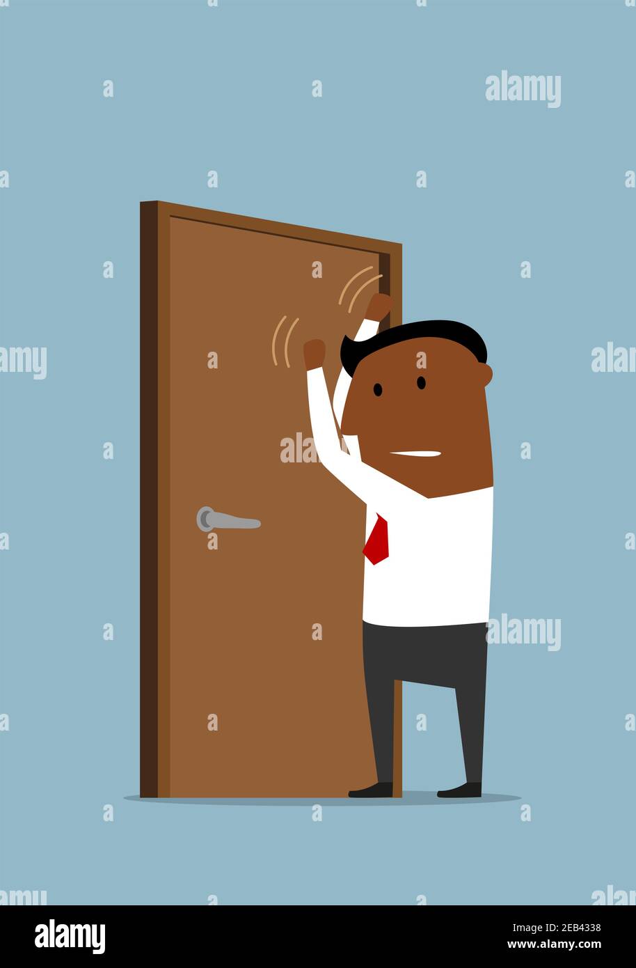 Disprezzato uomo d'affari afro-americano bussare alla porta chiusa con pugni clenched. Perdita di opportunità e temi di opportunità mancanti Illustrazione Vettoriale