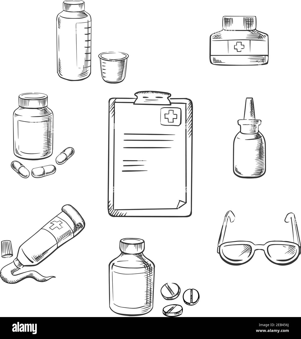 Icone di disegno medico e di prescrizione con appunti, farmaci e pillole, unguento, dosaggio, farmaci liquidi, contagocce e bicchieri Illustrazione Vettoriale