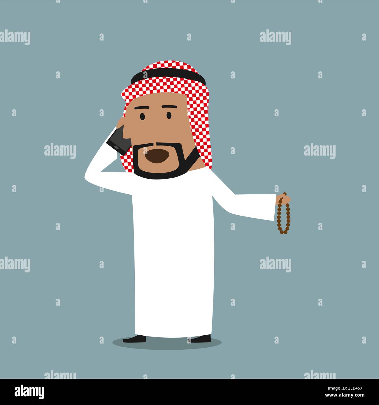 Fumetto uomo d'affari arabo con perle di preghiera in mano che parla sul telefono cellulare. Concetto aziendale di comunicazione e progettazione di tecnologie mobili Illustrazione Vettoriale