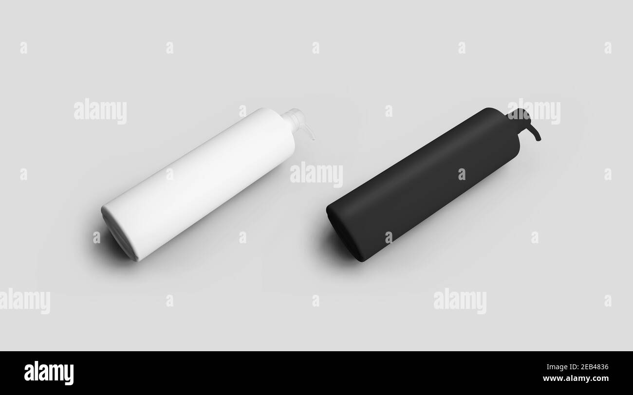 Mockup di plastica bianca, bottiglia nera con pompa per gel, lozione, crema, contenitore opaco isolato su sfondo. Dima per vasetto con dispenser per antisi Foto Stock