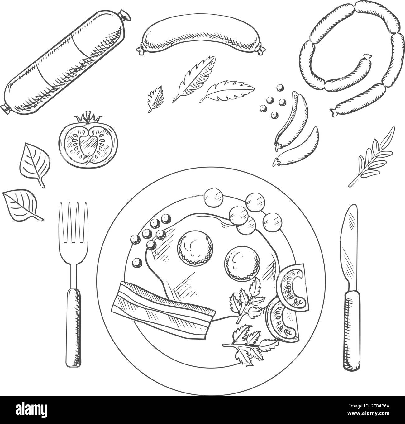 Schizzo della colazione con uova fritte e pancetta servita sopra un piatto con posate circondato da generi alimentari e salsiccia Illustrazione Vettoriale