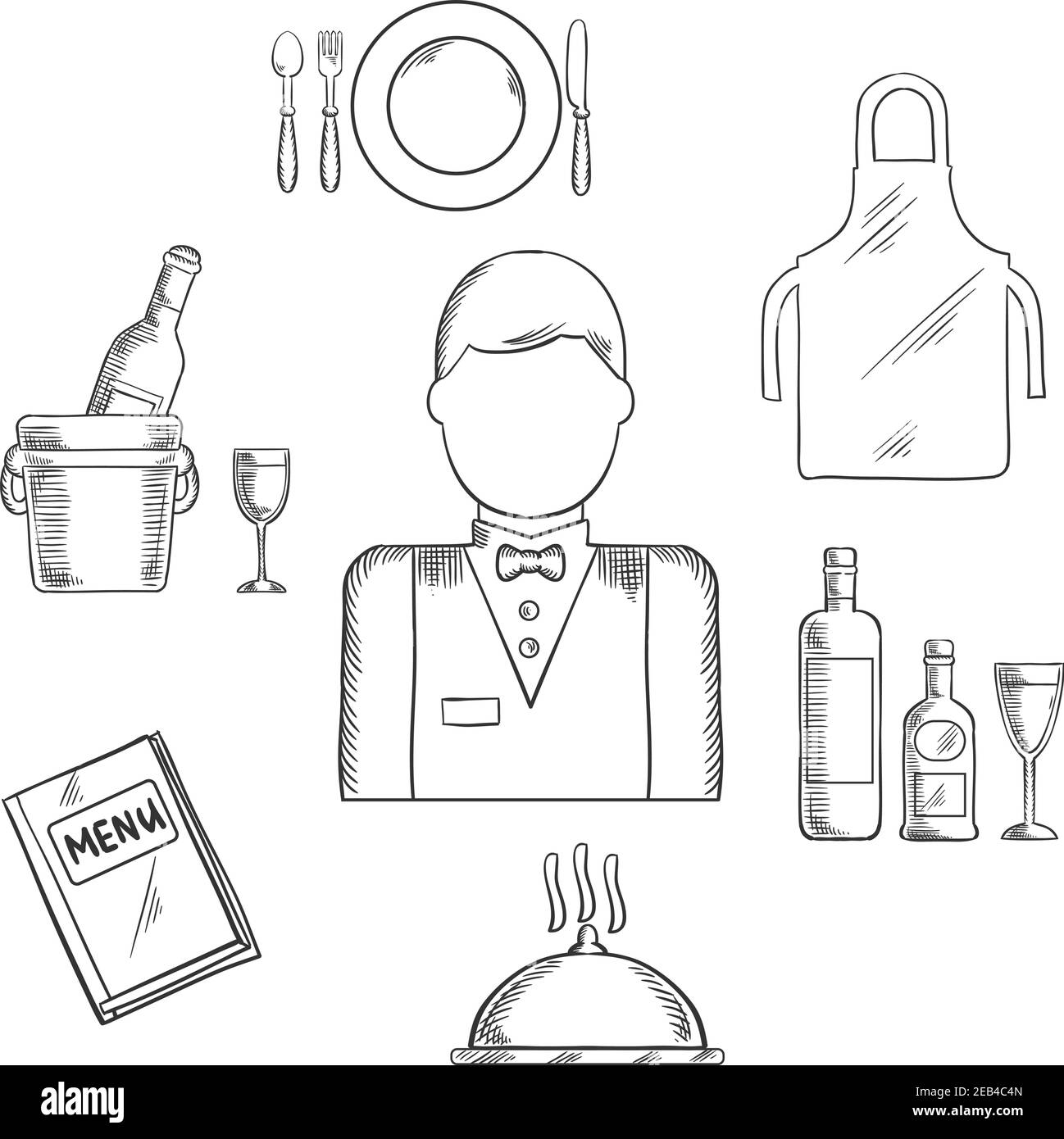 Icone di professione del cameriere con il cameriere uomo in uniforme, cravatta di prua circondata da libro di menu, grembiule, vassoio con bottiglie e bicchiere, champagne in secchio di ghiaccio, piatto Illustrazione Vettoriale