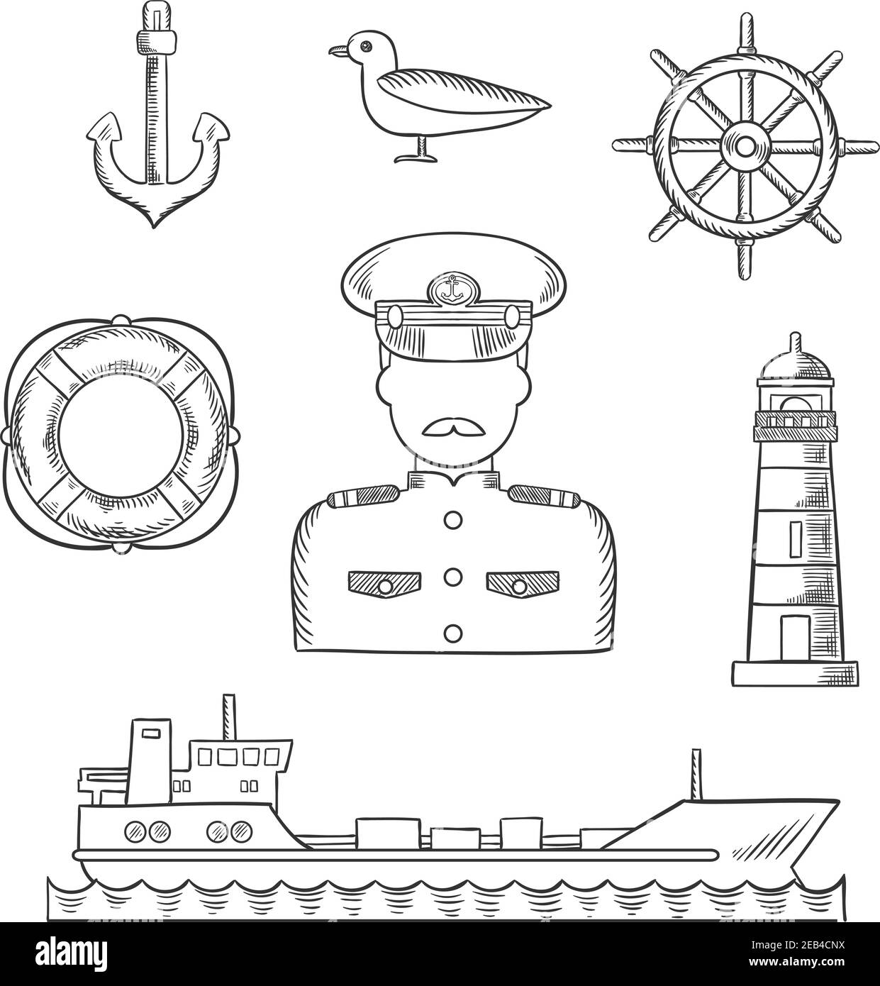 Disegno di professione di marinaio e capitano con il capitano moustached in uniforme bianca, il timone, la nave, l'ancora, la vita, il faro e le icone di gabbiano. Stile di schizzo Illustrazione Vettoriale