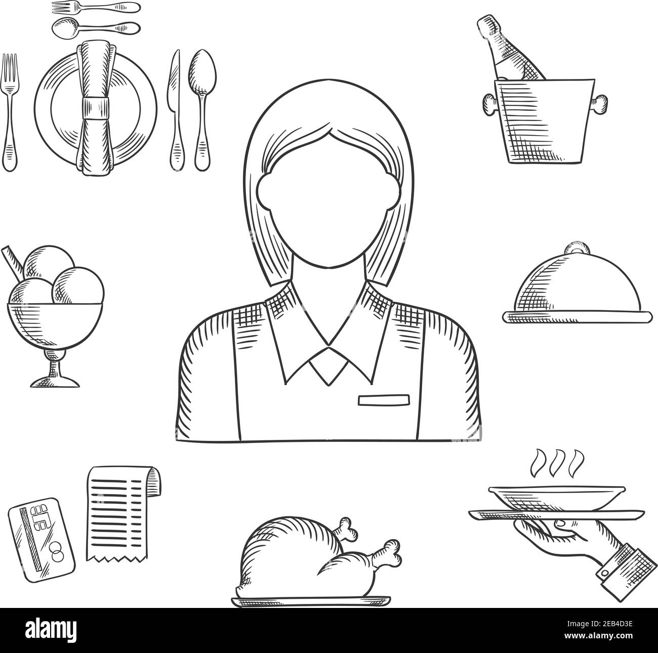 Cameriere professione icone disegnate a mano con cameriera in elegante uniforme, circondato da set cena, champagne e secchio di ghiaccio, gelato sundae, cazzo fritto Illustrazione Vettoriale