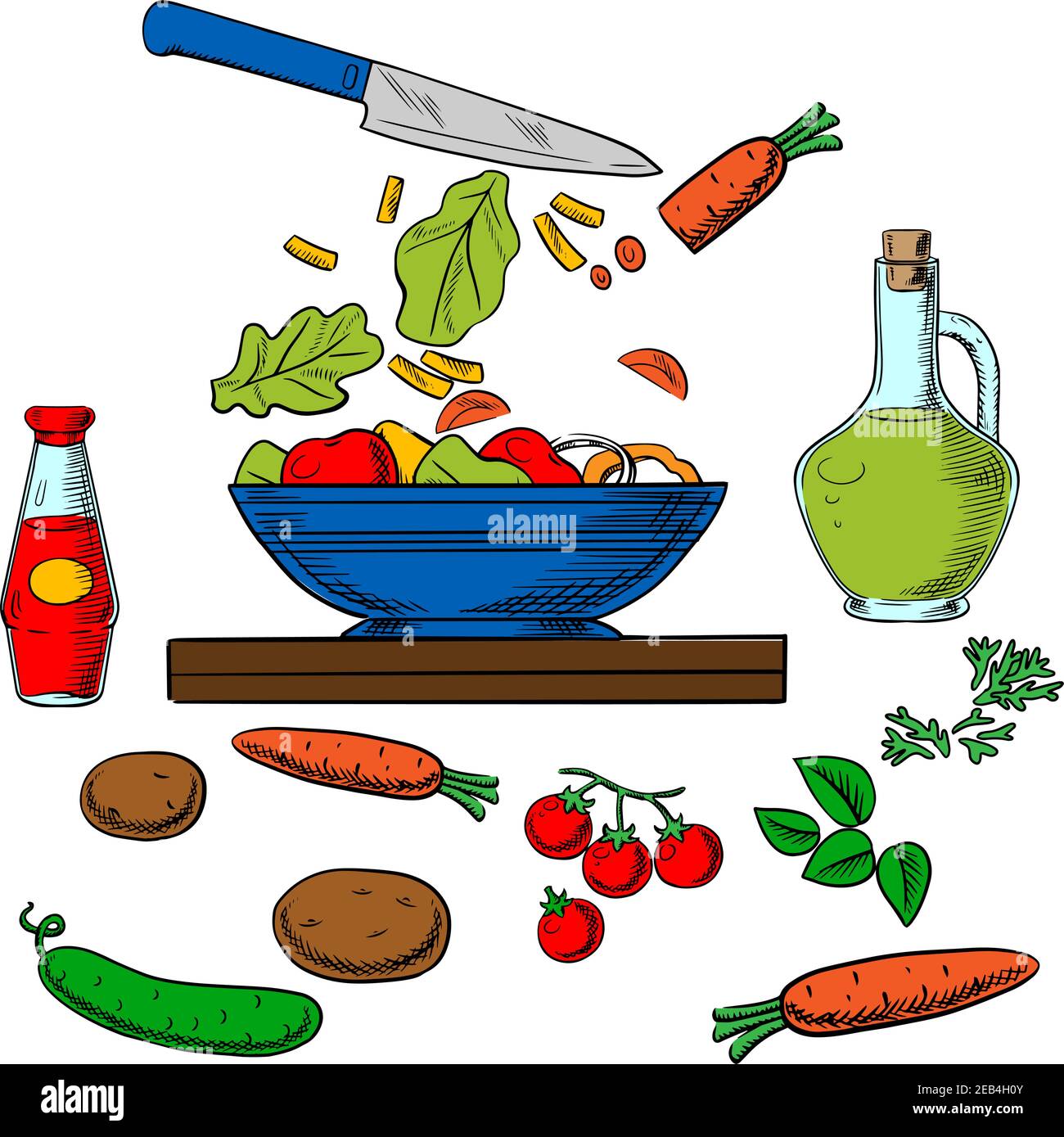 Processo di cottura dell'insalata con verdure fresche a fette circondate da carote intere, cetrioli, pomodori, patate, erbe speziate, bottiglie di olio d'oliva e così via Illustrazione Vettoriale