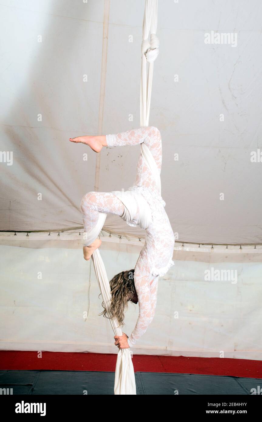 La donna Aerialista acrobat si esibisce in aria su tessuto Foto Stock