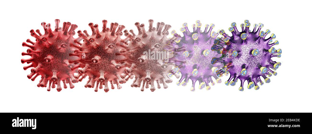 Virus mutante e nuovo coronavirus b.1.1.7 focolaio variante o mutazione di cellule virali di covid-19 e background influenzale come ceppo influenzale pericoloso. Foto Stock