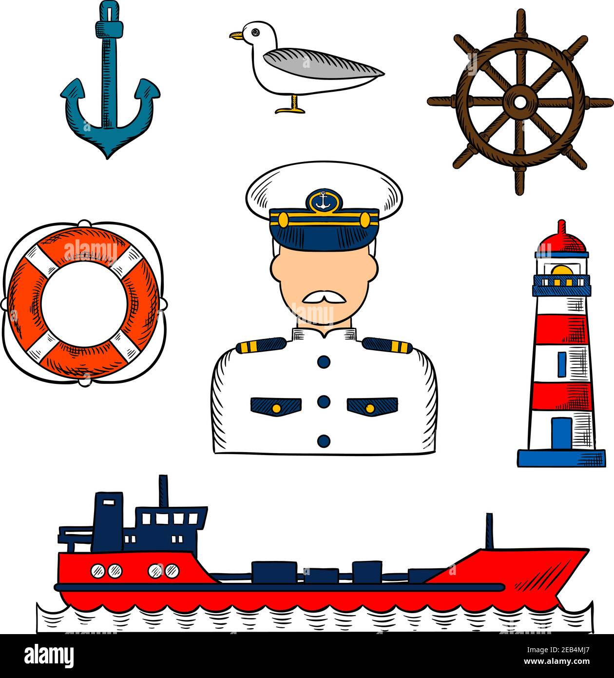 Elementi infografici della professione di marinaio o capitano con capitano affumicato in uniforme bianca, timone, nave cisterna, ancora e salvataggio, faro e mare Illustrazione Vettoriale