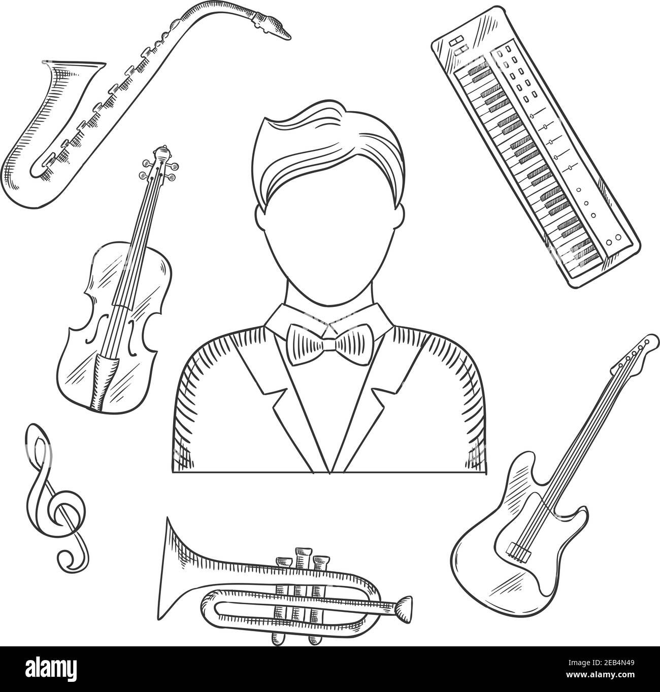 Icone musicali disegnate a mano di musicista uomo in cappotto, circondato da chitarra elettrica, tromba, violino, sassofono, treble clef e sintetizzatore musicale i Illustrazione Vettoriale