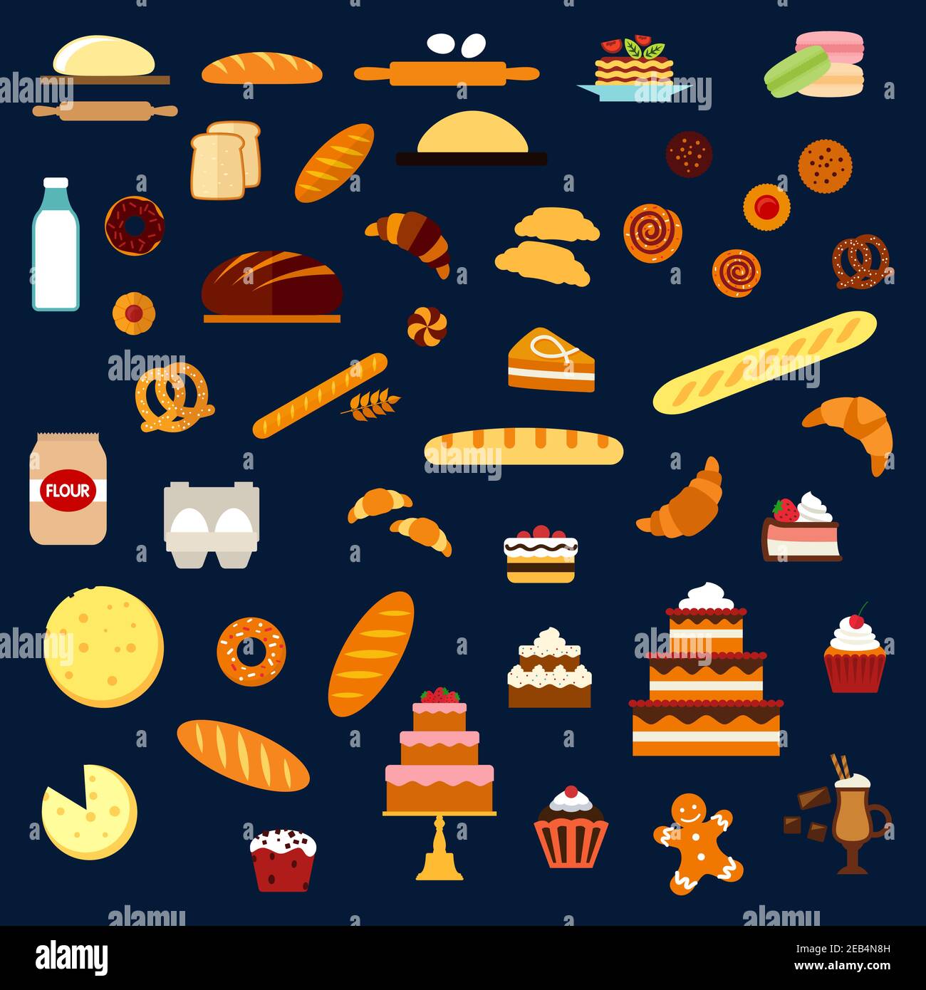 Prodotti da forno e pasticceria icone piatti con torte e cupcake, panna e frutta, torte, panini, croissant, biscotti, macaron, pancake, ciambelle pretzel baguettes Illustrazione Vettoriale