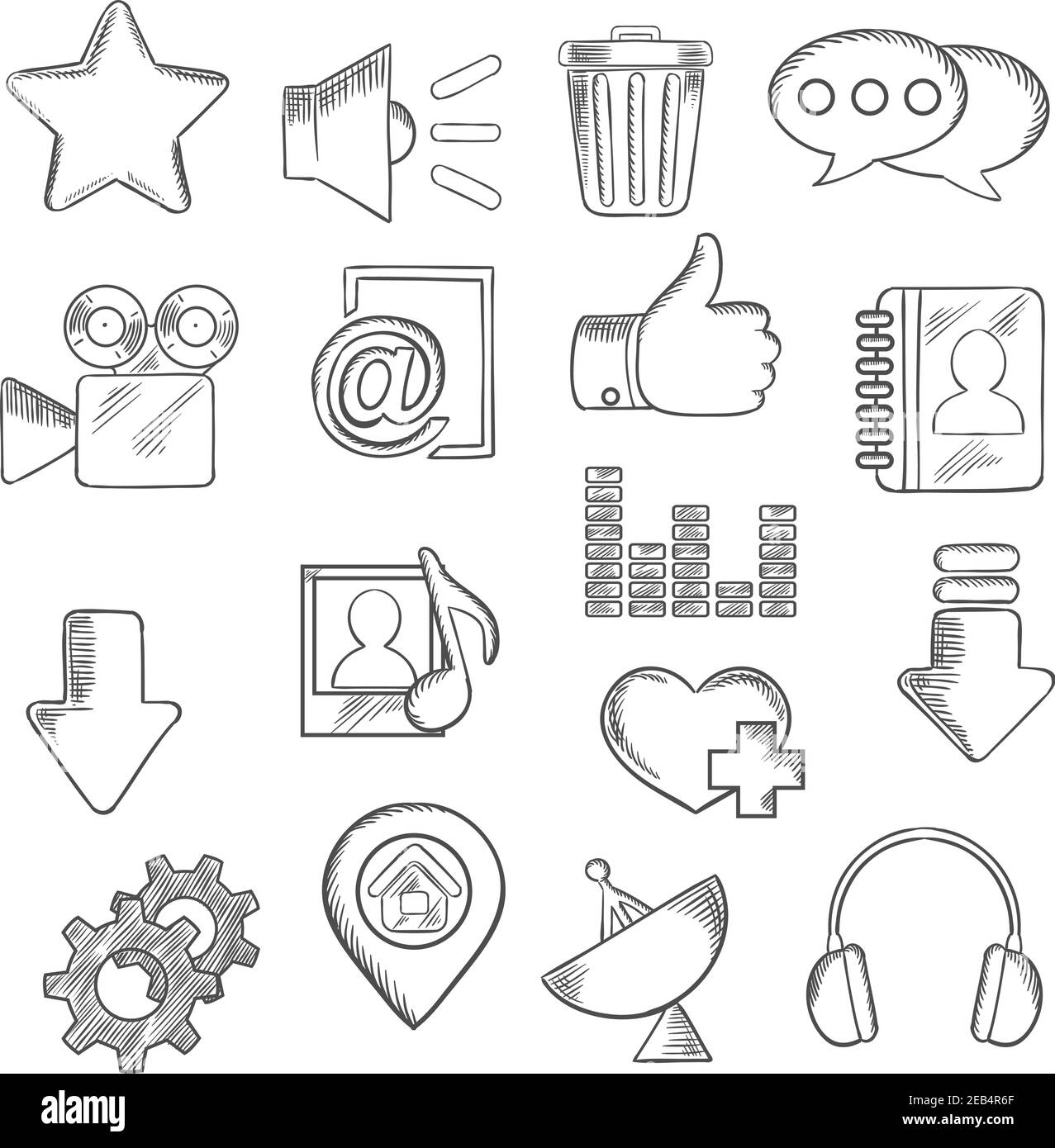 Icone multimediali con bolle vocali di chat, e-mail, frecce di caricamento, pollice su, puntino mappa, home page, stella e cuore preferiti, video, playlist contatti, equaliz Illustrazione Vettoriale