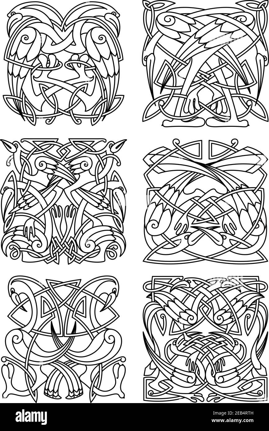 Ornamenti o disegni di uccelli di eroni, cicogne e gru per il design e l'abbellimento celtico o irlandese. Ornamento stilizzato d'epoca, può essere usato come un tot Illustrazione Vettoriale