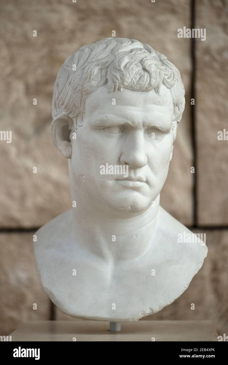 Ritratto del console romano Marcus Vipsanius Agrippa (ca. 63 a.C. - 12 a.C.), Museo Ara Pacis, Roma, Italia. Marcus Vipsanius Agrippa (ca. 63 a.C. - 12 a.C.) Foto Stock