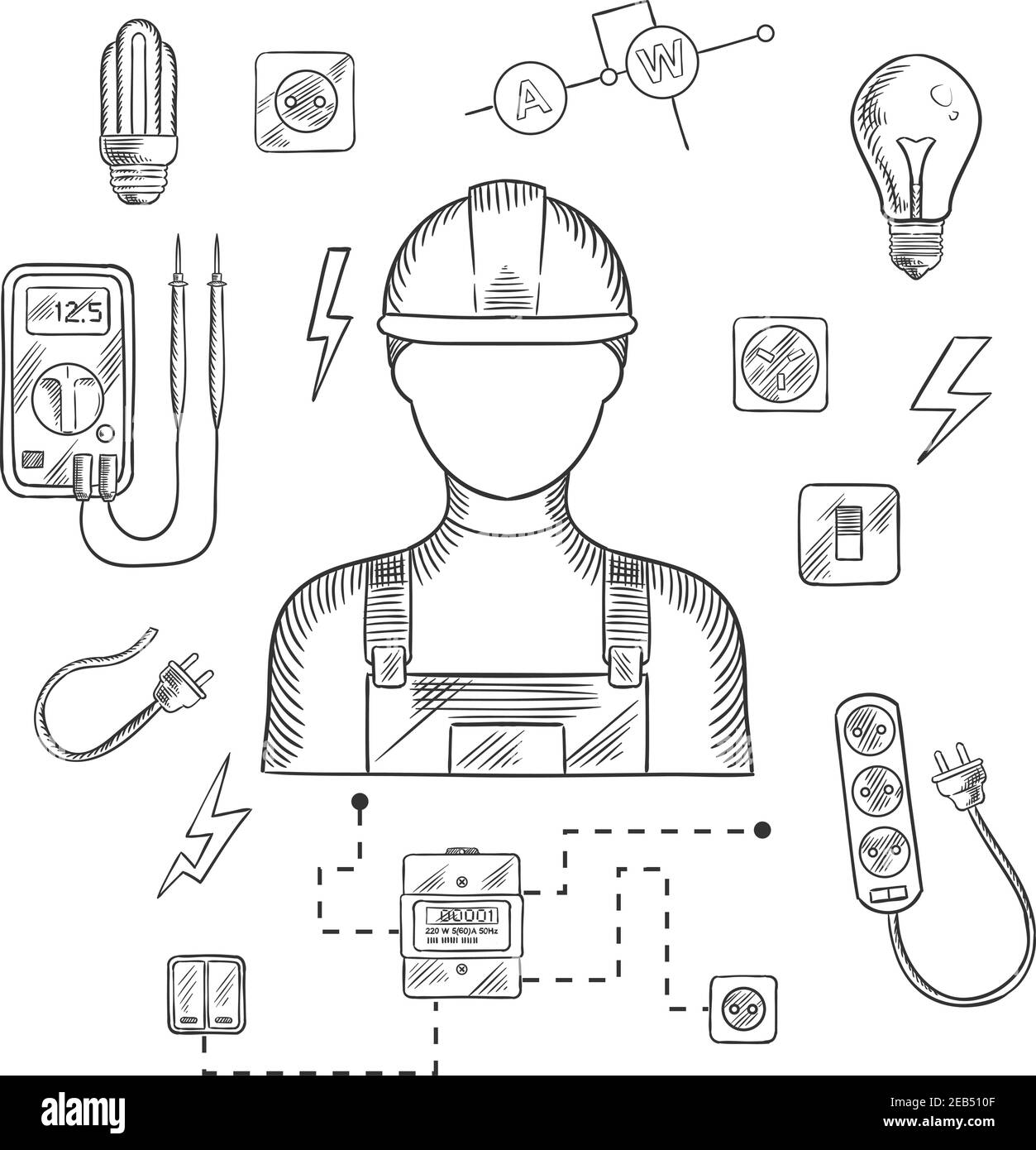 Elettricista uomo in elmetto con forniture elettriche domestiche, attrezzi elettrici e simboli di attrezzature su sfondo blu scuro per professione o industo Illustrazione Vettoriale