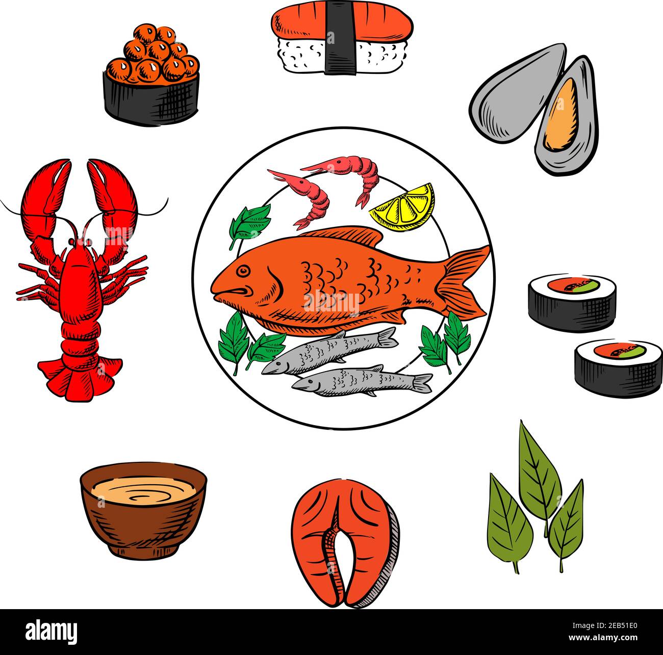 Frutti di mare, pesce e condimenti con caviale e sushi, cozze e alghe, pesce rosso, salmone, salsa e aragosta Illustrazione Vettoriale