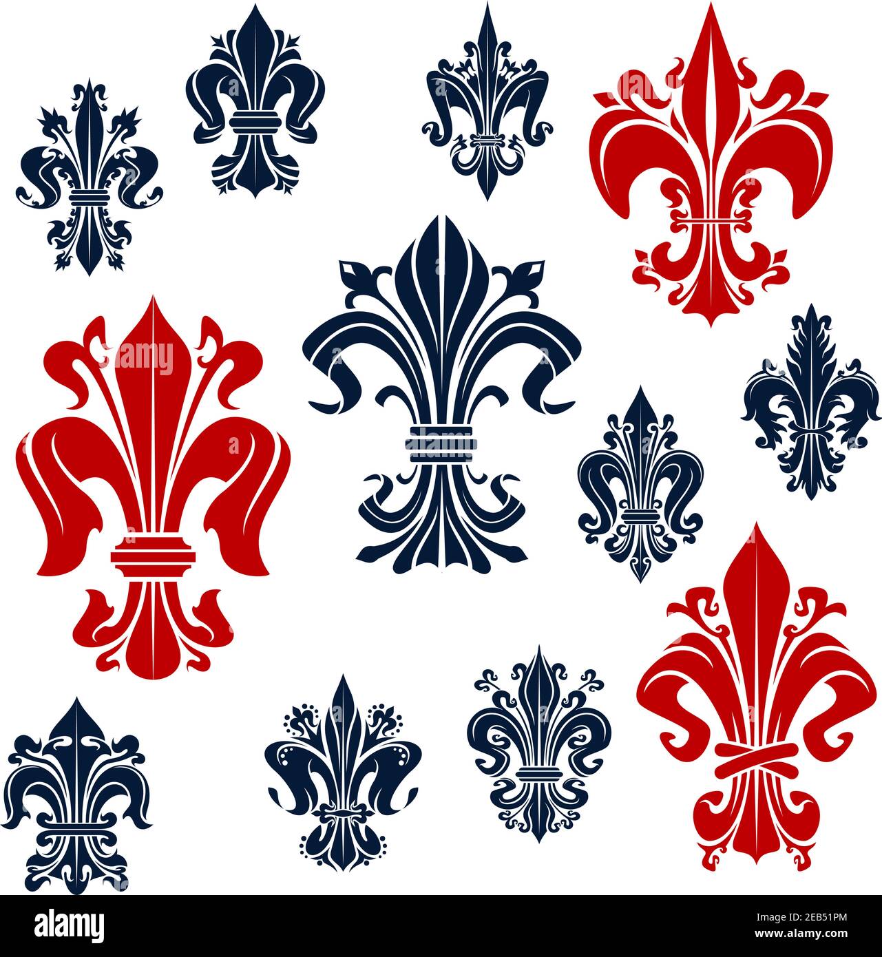 Splendidi simboli di colore rosso e blu fleur-de-lis dei fiori decorativi di giglio della monarchia francese, adornati da tendini ricci. Simboli reali medievali ornamentali fo Illustrazione Vettoriale