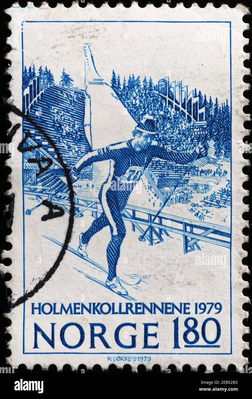 Gara di sci di fondo sul vecchio francobollo norvegese Foto Stock