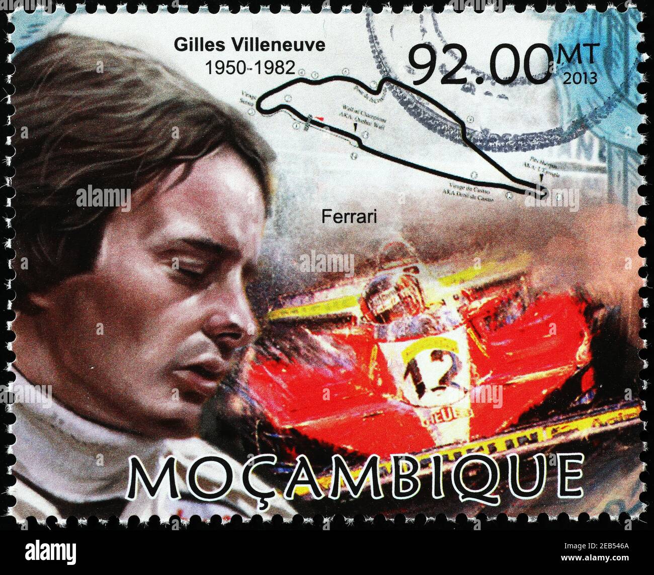 Gilles Villeneuve e la sua Ferrari sul francobollo Foto Stock