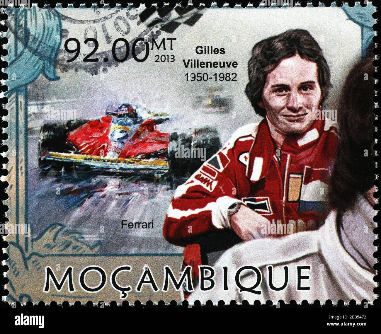 Gilles Villeneuve e la Ferrari sul francobollo Foto Stock