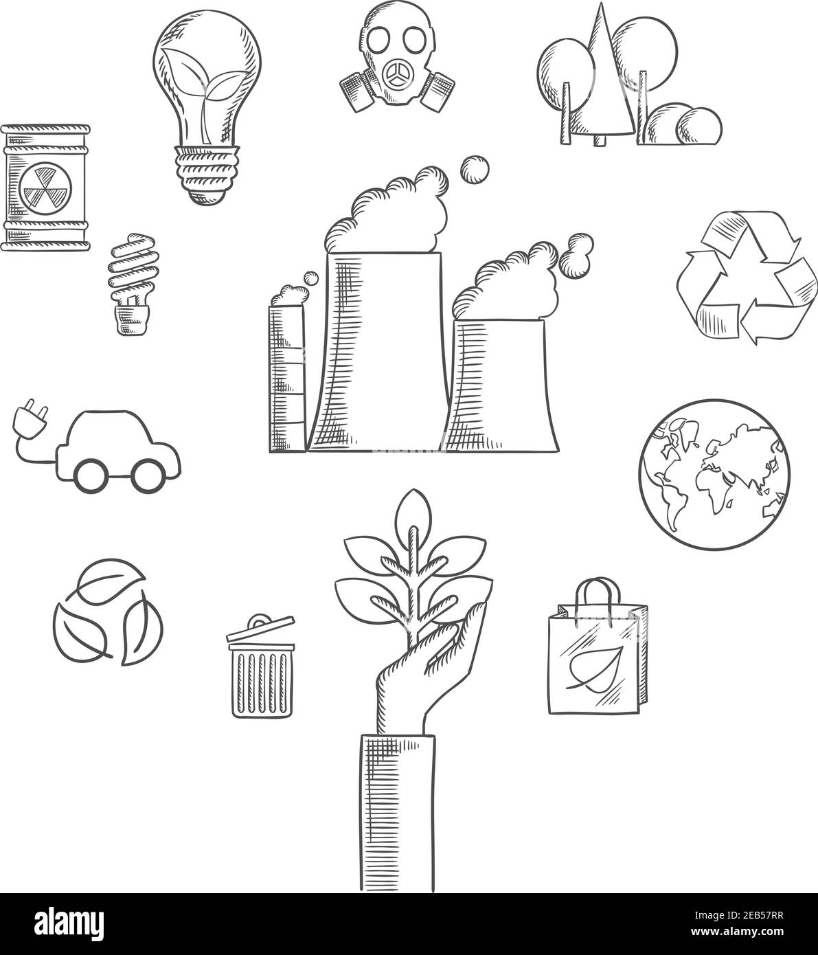 Ambiente e conservazione ecologica icone abbozzate con simbolo di riciclaggio, auto elettriche, foglie, energia ecocompatibile con simbolo di radiazione, gas Illustrazione Vettoriale
