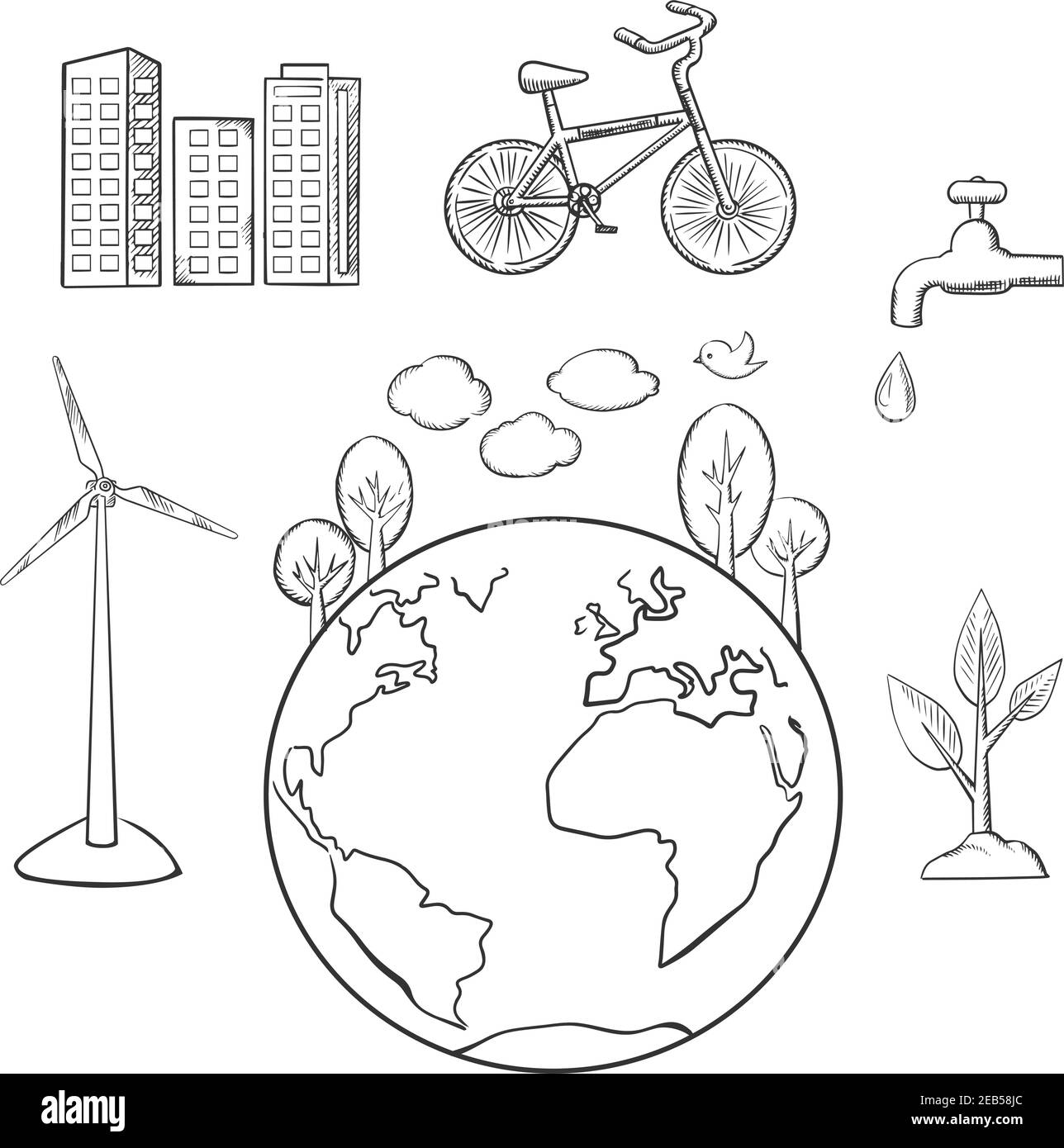 Città ecocompatibile, energia verde e protezione delle risorse naturali icone abbozzate. Simboli ambientali ed ecologici, schizzo vettoriale Illustrazione Vettoriale