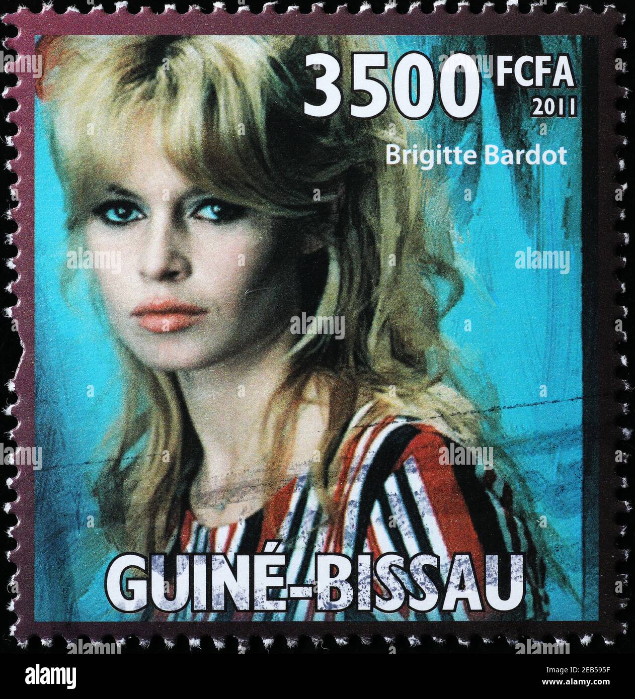 Ritratto di Brigitte Bardot su francobollo africano Foto Stock