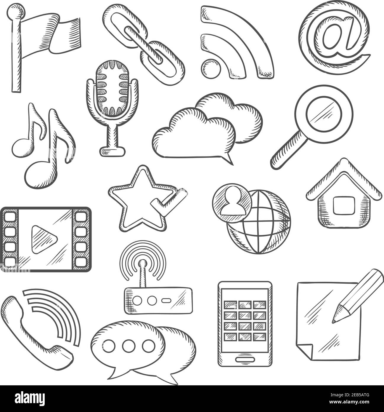 Multimedia e comunicazione icone abbozzate con smartphone, microfono, musica, lettore video, e-mail, ricerca link, chat, chiamata, pin flag archiviazione cloud Illustrazione Vettoriale
