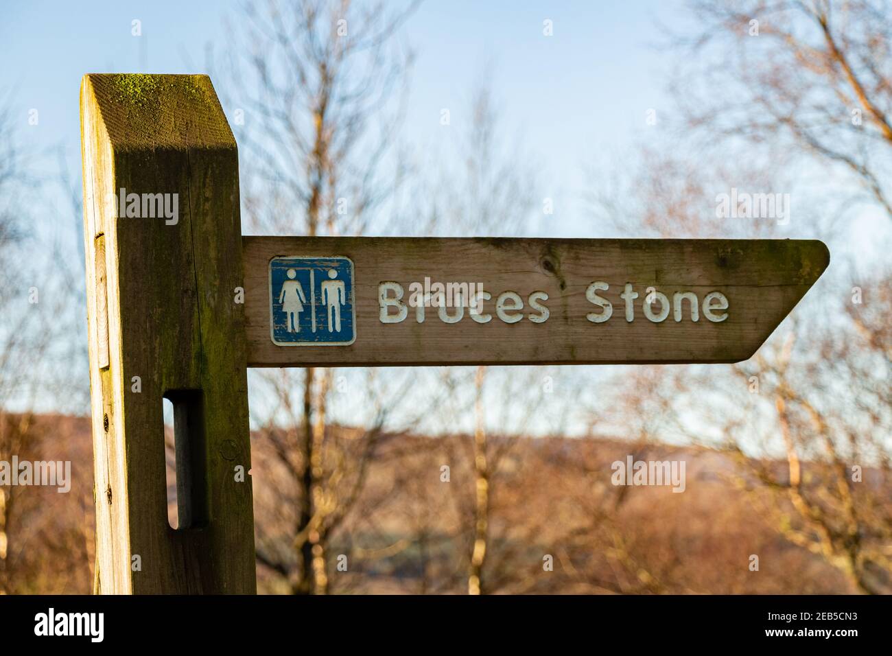 Cartello per Bruce's Stone a Clatteringshaws Loch, Galloway Forest Park, Scozia Foto Stock