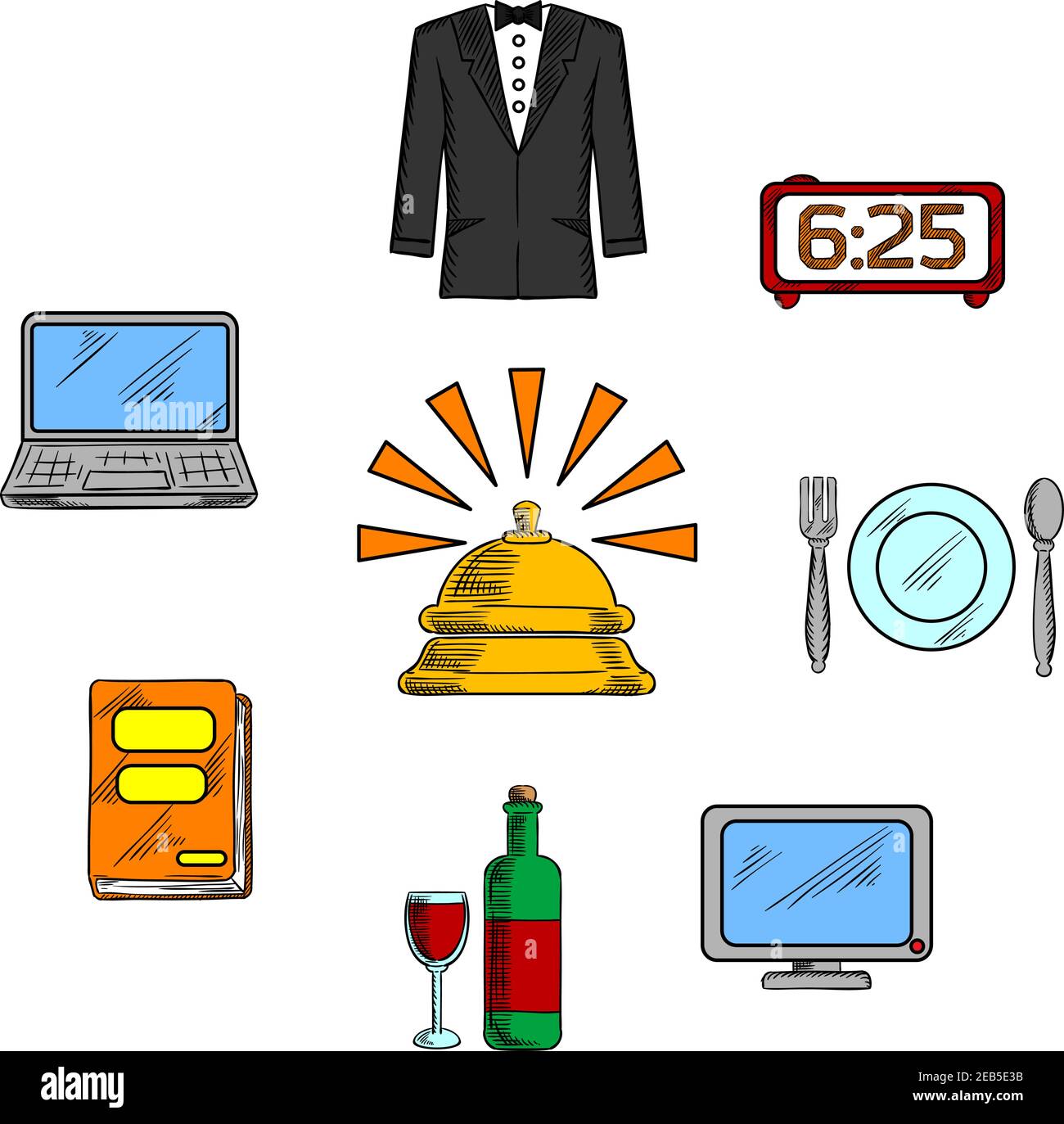Icone di viaggi e servizi di lusso con campanello di ricevimento e. simboli del servizio in camera di alta qualità Illustrazione Vettoriale
