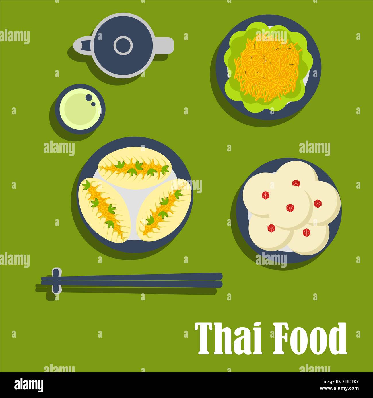 Cucina tailandese icone piatti di gustoso pranzo asiatico con insalata di carote piccante e salsa all'aglio, torte con verdure, budini con condimenti di cocco, teapot wi Illustrazione Vettoriale
