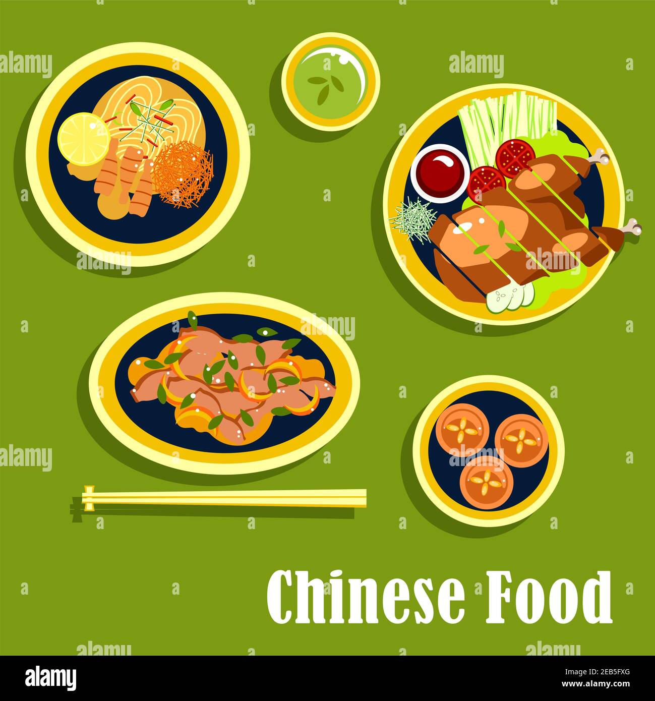 Cucina cinese con cena asiatica come anatra di pechino, servita con pomodori, cetrioli, cipolla e salsa, tagliatelle con gamberi, limone e verdure, insalata wi Illustrazione Vettoriale