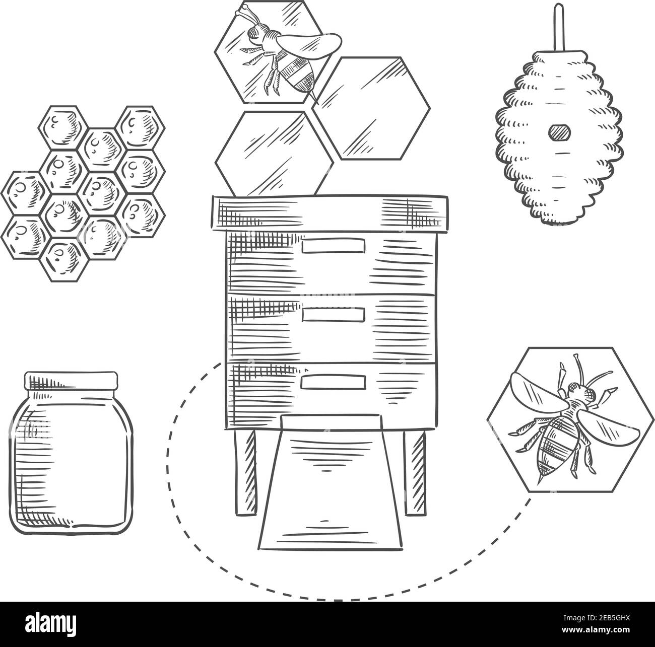 Disegno a nido d'ape con api che volano vicino a alveari, nidi d'ape e vaso di vetro con miele per il design dell'industria dell'apicoltura Illustrazione Vettoriale