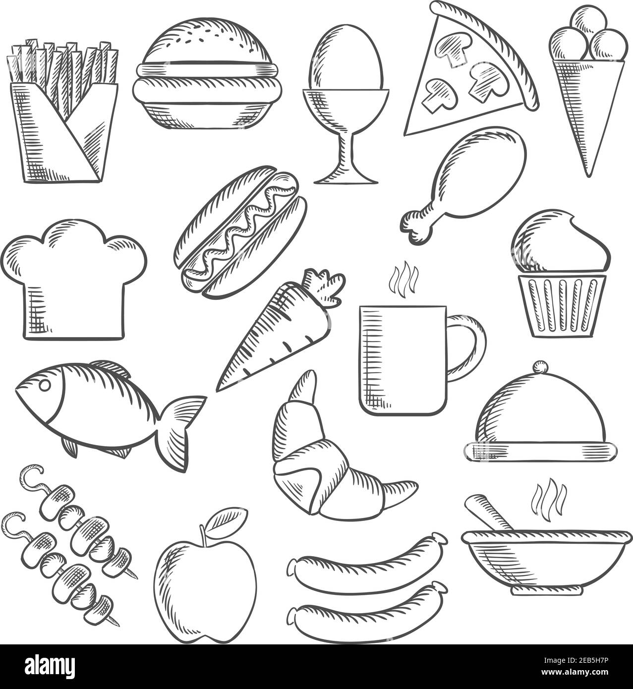 Cibo, spuntini e bevande con pizza, salsiccia, hamburger e tazza di caffè, torta, pollo, uova, gelato e hot dog, patatine fritte e mela, pesce e carota Illustrazione Vettoriale