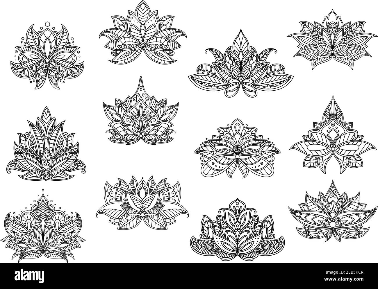 Eleganti fiori di paisley per il design orientale di tappeti o piastrelle con contorni elementi floreali indiani, decorati da intricati ornamenti in pizzo Illustrazione Vettoriale