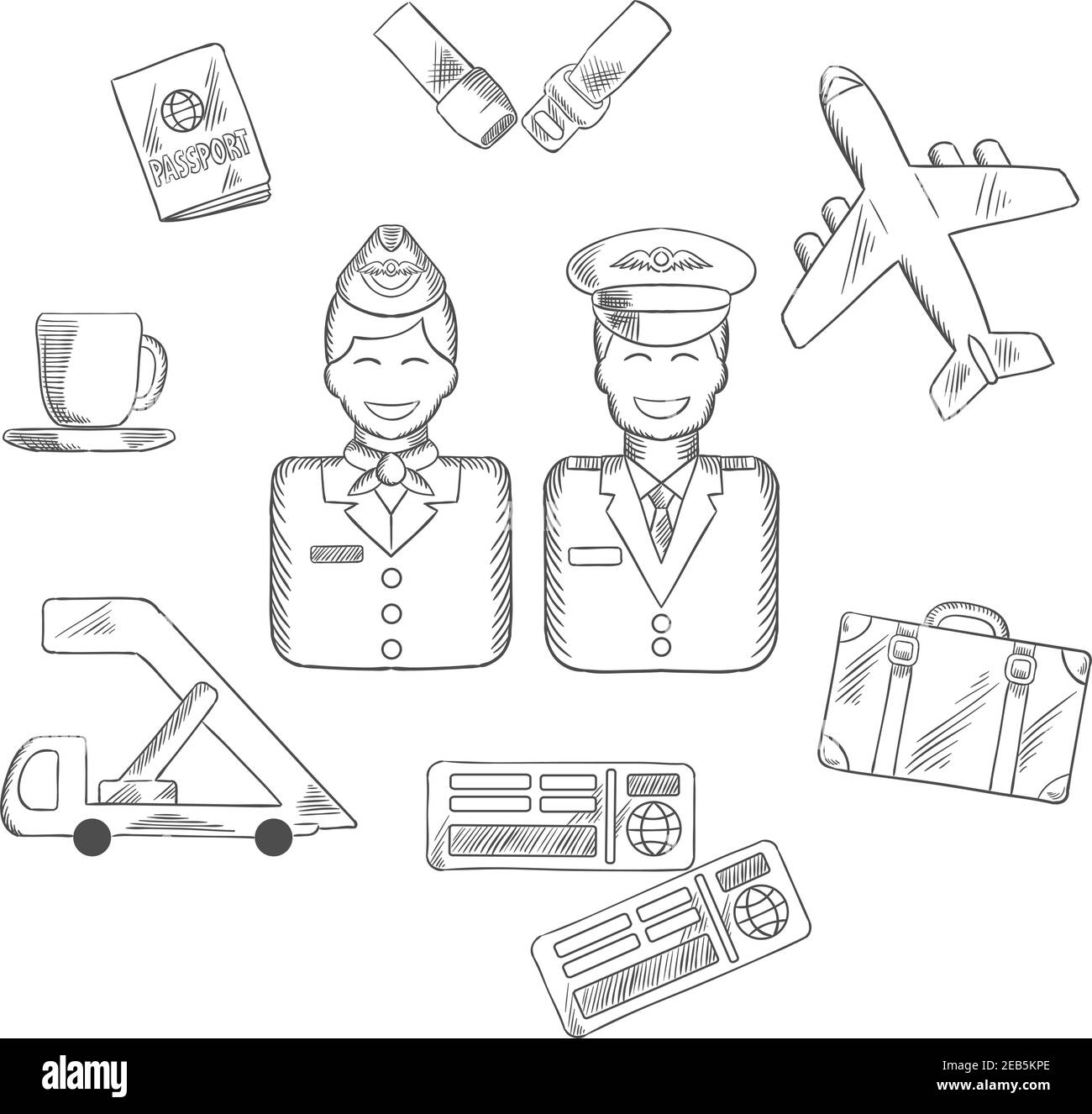 Icone per il trasporto aereo e aereo con sorridente stewardess e pilota in uniforme, circondato da passaporto e valigia, aereo e cintura di sicurezza, biglietto Illustrazione Vettoriale
