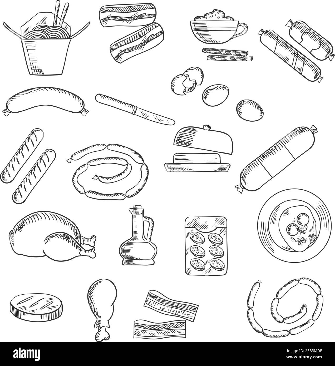 Cibo, fast food e icone di carne con uova e burro, pancetta e salsicce, tagliatelle di pollo e pollo, olio e salame Illustrazione Vettoriale