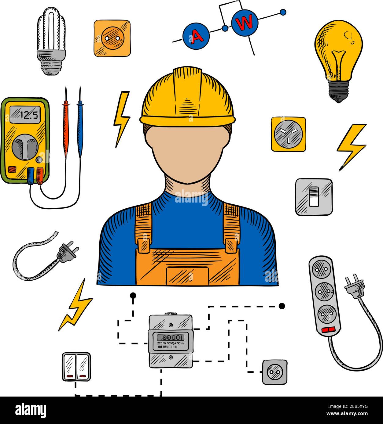 Icone di professione di elettricista con uomo elettrico in elmetto giallo, forniture elettriche domestiche, attrezzi elettrici e simboli di attrezzature. Per industria Illustrazione Vettoriale