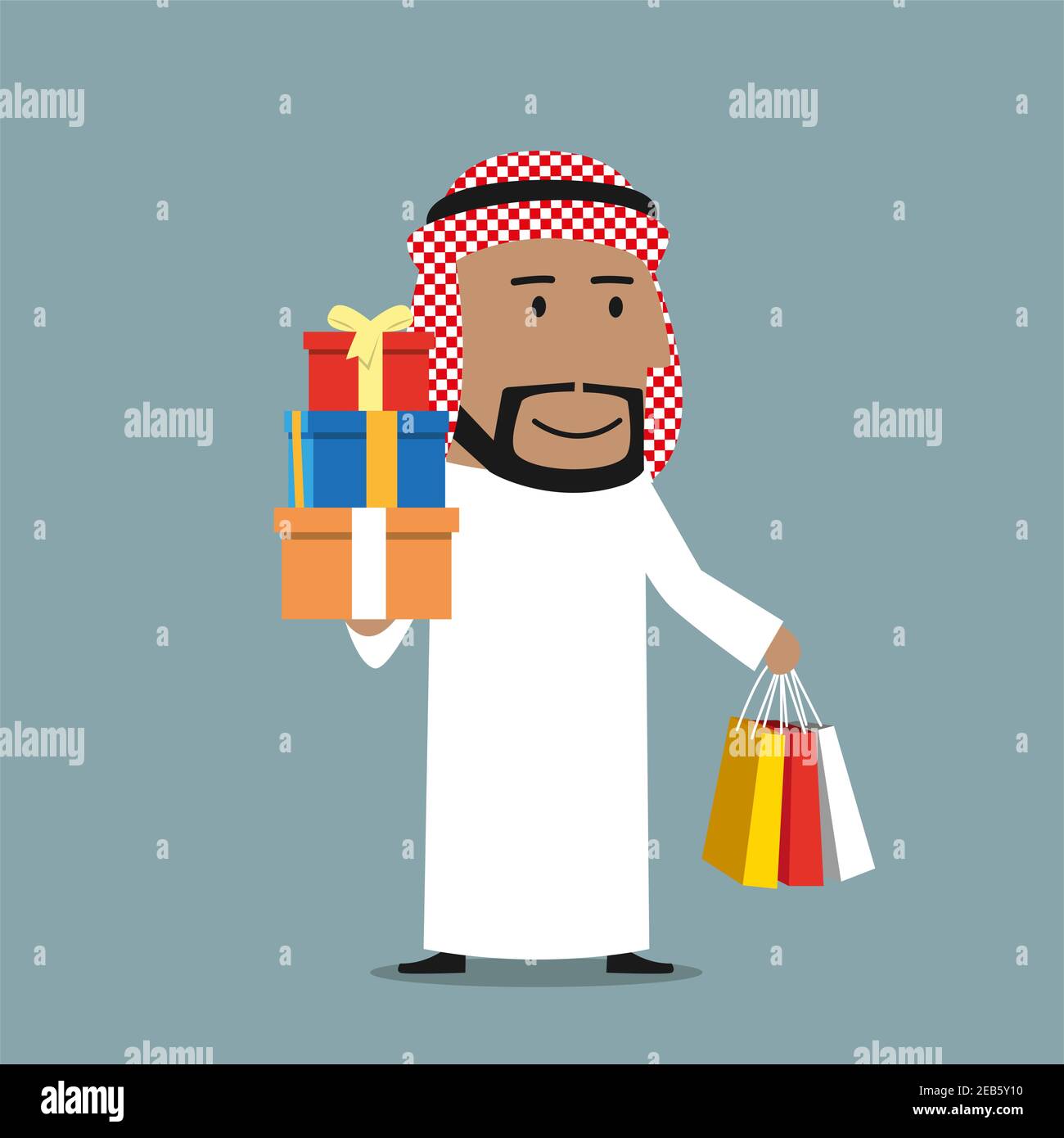 Allegro fumetto sorridente uomo d'affari arabo che tiene in mani sacchetti colorati di carta shopping e pila di scatole regalo con archi. Shopping, regali e c Illustrazione Vettoriale