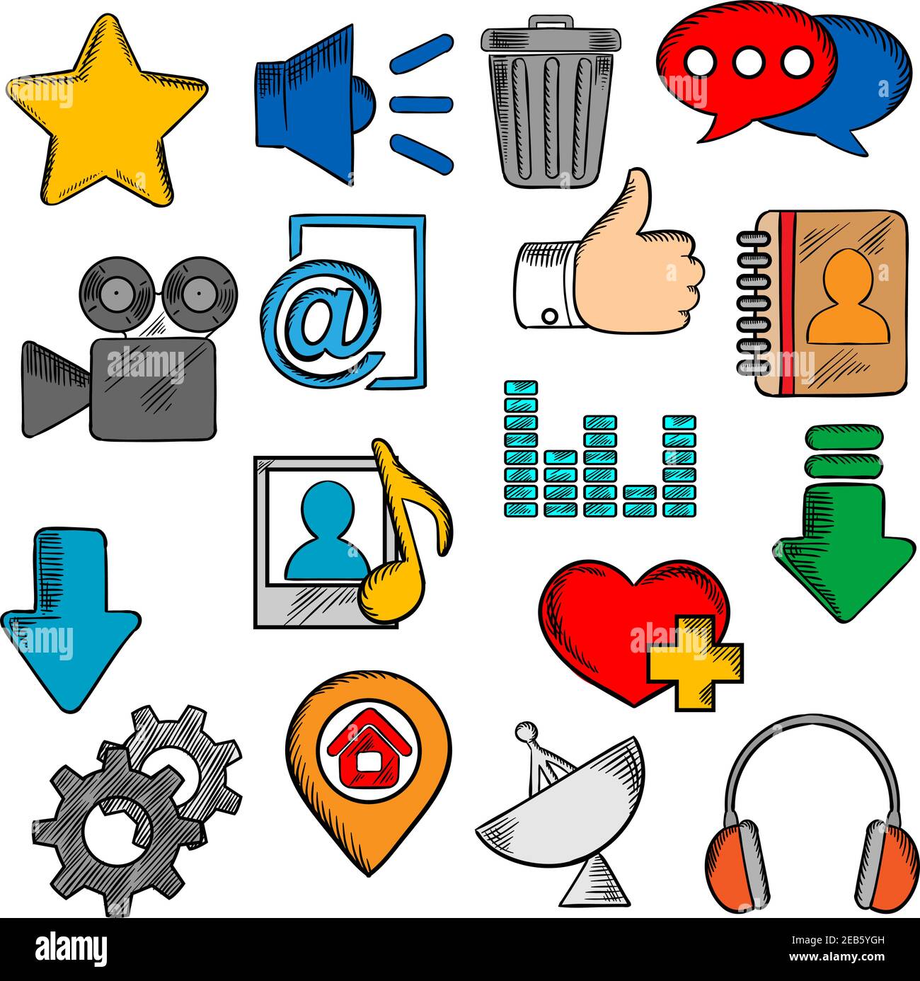 icone colorate dei social media con bolle vocali e e-mail di chat, caricamento e pollice, puntina sulla mappa e home page, stella e cuore preferiti, video e contatti, Illustrazione Vettoriale