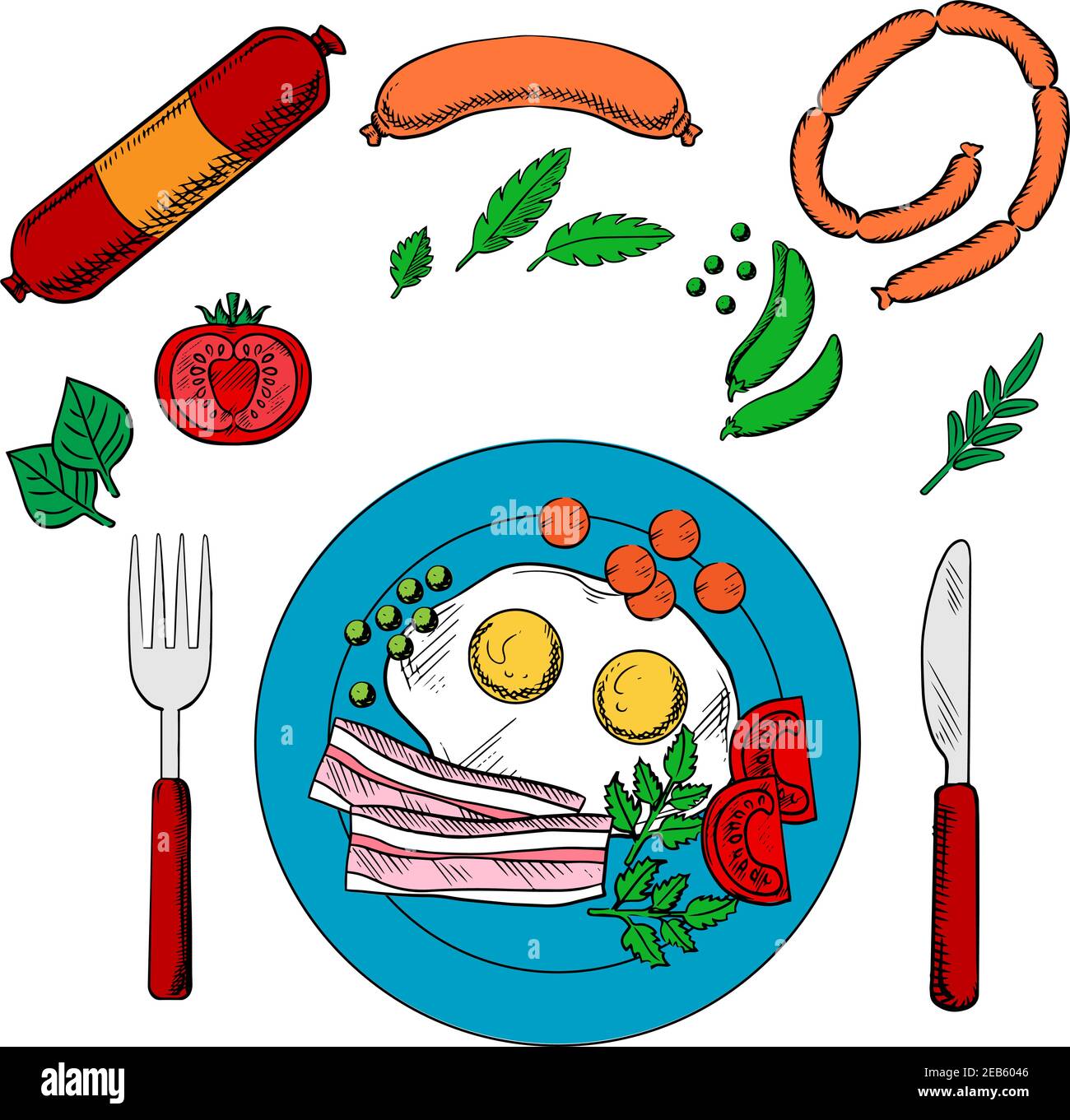Colazione all'americana con uova fritte e pancetta servita in blu piatto con posate circondate da verdure e salsiccia Illustrazione Vettoriale